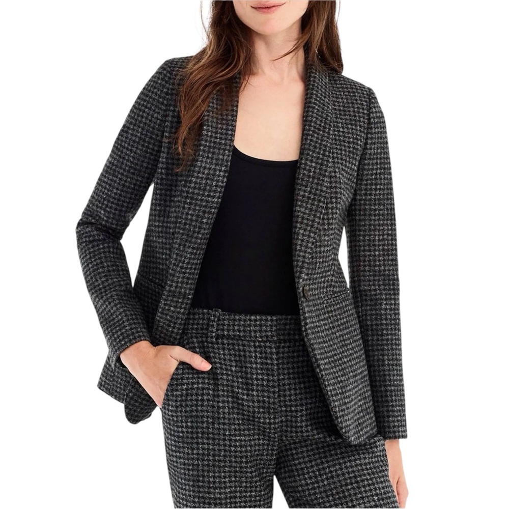 J.Crew 100% Wool Parke Blazer Tailored Jacket Houndstooth Slate Gray Black Sz 0